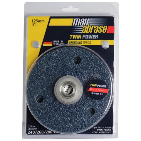 MAXABRASE TWIN POWER - D/SIDED DISC KIT 125MM X Z40/60/80 GRIT +ADAPTOR